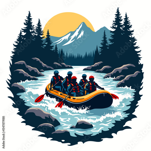 Silhouetted group rafting on a whitewater river with forest and distant snowy mountain, in vintage circular badge format.