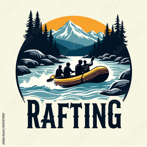Rafting group on blue river with pine forest and snow-capped mountain at sunrise, in clean vector badge style.