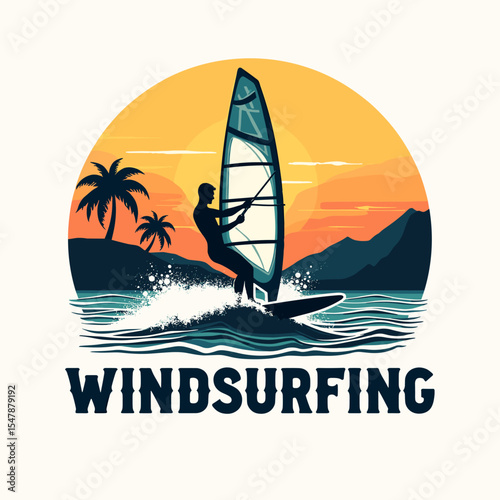 Windsurfer silhouette catching waves near palm-lined tropical shore at sunset, in a bright and clean vector badge style.