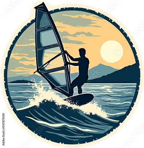 Windsurfer silhouette riding waves at sunset with sail in motion and sea landscape, in a round retro badge style.