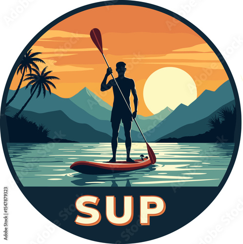 Stand-up paddleboarding scene with man on red board at tropical lake with palm trees and sunset, in a retro vector badge design.
