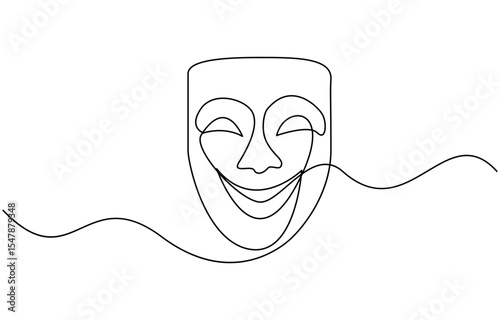 Greek mask one line drawing, opera event symbols continuous hand drawn, mask one line vector isolated design element, opera event symbols continuous hand drawn.
