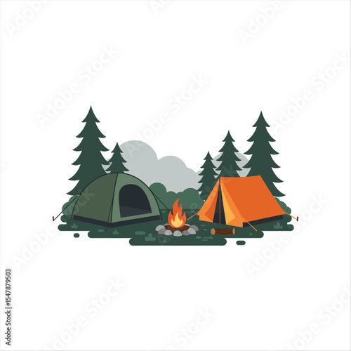 Camping Adventure Scene: A vibrant illustration showcasing two tents nestled amidst lush pine trees, with a crackling campfire at the center.