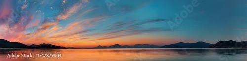8k Panoramic view of a colorful sunset over the sea with mountains in Thailand, banner 