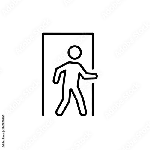Simple line drawing of a figure walking through an open doorway.
