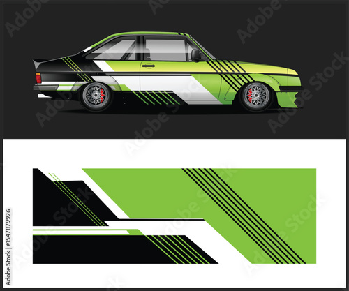 Green and Black Racing Car Wrap Design with Stripes and Angular Shapes