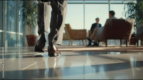 the legs of a businessman walking away from the camera