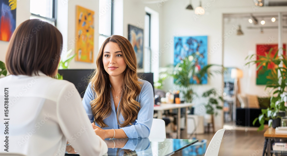 Obraz premium Business Consultation in Light-Filled Office: A serene office setting with a glass table, where two individuals engage in a focused discussion. The room is adorned with art pieces.