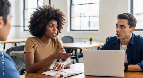 Business Brainstorm Session: Focused individuals engage in a lively and animated discussion around a table, their expressions conveying attentiveness and active participation.
