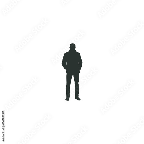 Black silhouette of man standing with hands in pockets wearing jacket