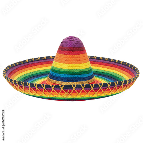 Colorful Sombrero with Rainbow Stripes and Festive Details Against White Background