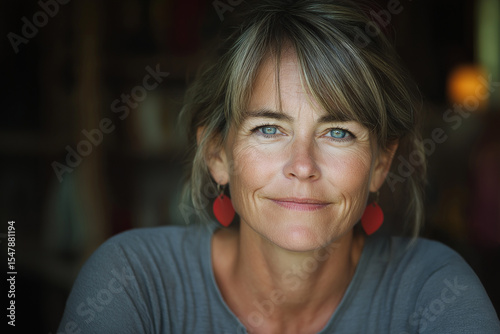 Close-up of a blue-eyed woman in gray knitwear with gentle expression and warm indoor glow
