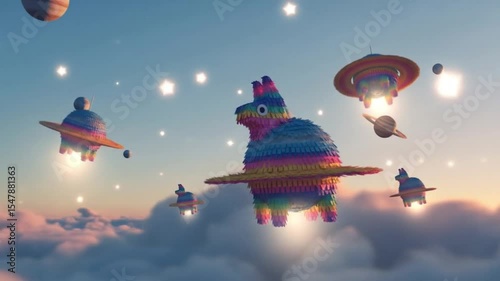 Cosmic Pinata A Whimsical 3D Render of a Llama Piñata Floating Among Planets and UFOs in a Dreamlike Sky