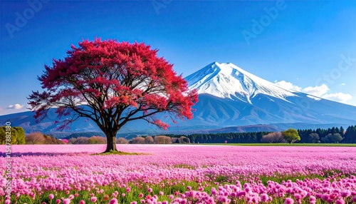 Mount Fuji with Cherry Blossoms, Spring Landscape, and Japan.