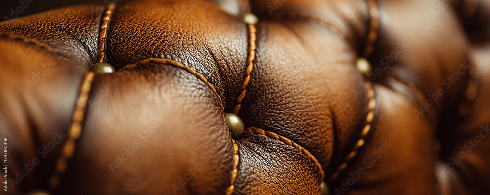 Obraz premium Close-up view of textured brown leather upholstery featuring intricate stitching and buttons on a contemporary furniture piece
