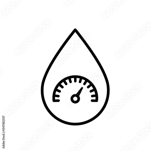 Simple black line drawing of a water droplet with a speed gauge, suggesting water flow or speed.