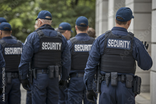 homeland security personnel coordinating building access control during civil gathering
