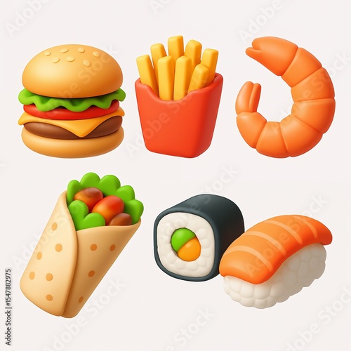 3D fast food icons of burger, french fries, shawarma, rolls, sushi, and shrimp, bold colorful style, modern food delivery and menu design concept with copy space