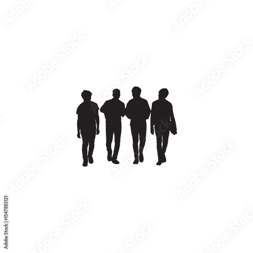 Silhouette of a group of four young men walking together on white