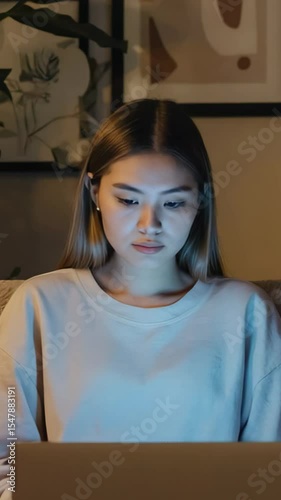 young woman home indoor using laptop night relax calm working vertical video