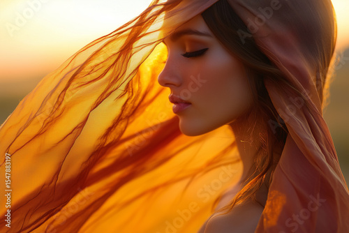 High Fashion Desert Photoshoot Featuring a Glamorous Model in Flowing Fabrics with Sun-Kissed Skin and Sunset Backdrop.
