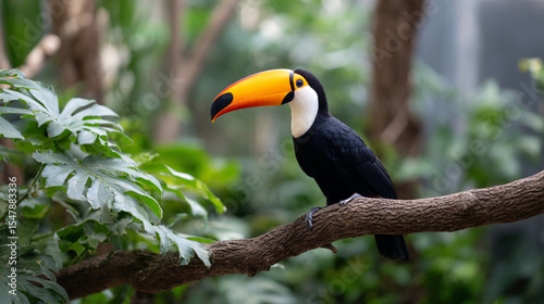 Vibrant toucan perched on a branch surrounded by lush tropical foliage in a serene, imaginative setting