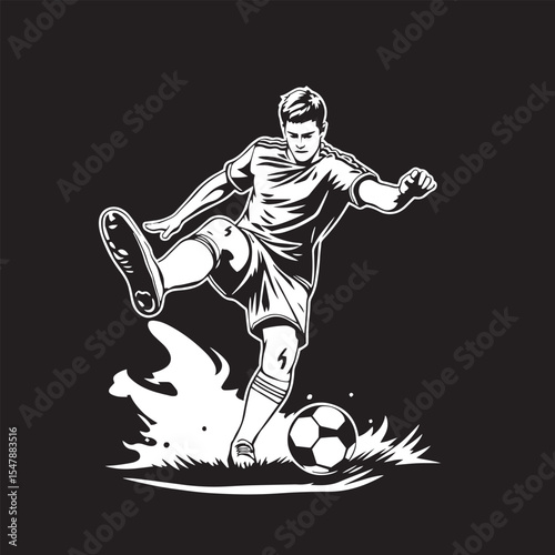 Football player kicking ball in action pose vector design concept black and white illustration.