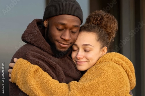 A joyful young couple embracing warmly with genuine smiles wearing cozy fleece jackets while standing in a stylish modern setting capturing the essence of love and affection in a serene moment