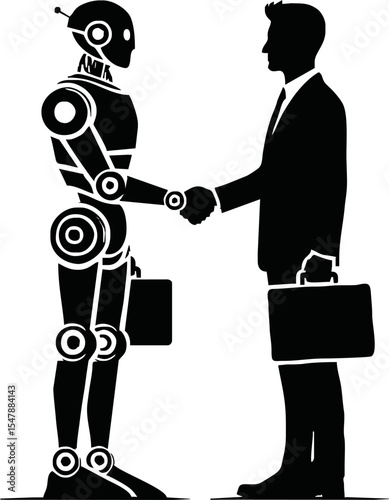 Silhouette of robot shaking hands with human vector style on white background