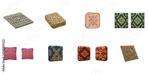 Textile Pattern Collection: A diverse set of intricately patterned textiles, meticulously arranged, displaying the textures, patterns, and artistic finesse of each textile.