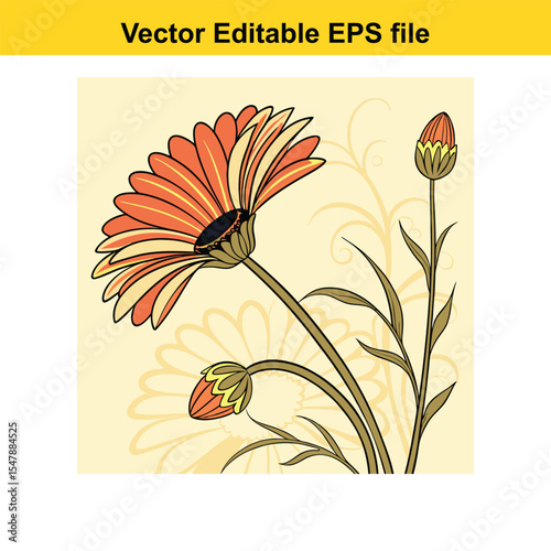 Elegant Vector Illustration of a Two-Tone Gerbera Daisy with Bud The design showcases the delicate beauty of the flower and its unfurled bud ready to bloom