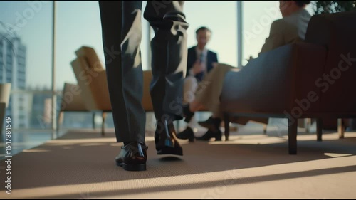 the legs of a businessman walking away from the camera