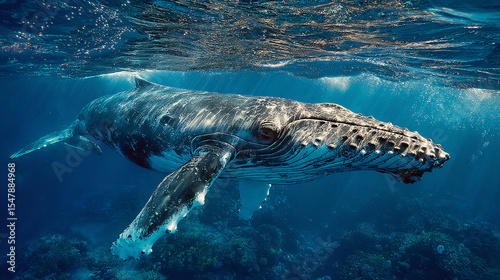 Blue Whale Swimming Beneath Sunlit Ocean Surface
