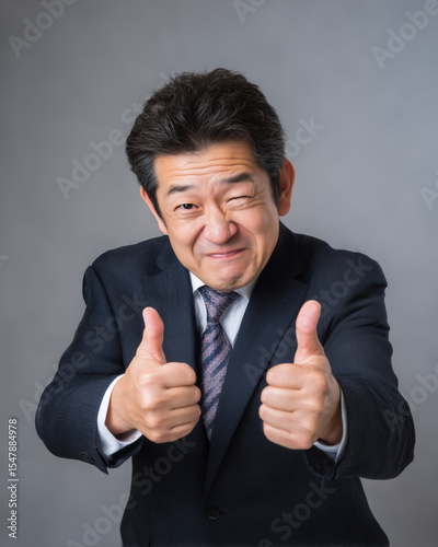 陽気な日本人社長が両手で親指を立てるポーズ。遊び心と自信に満ちた親しみやすいリーダー像
