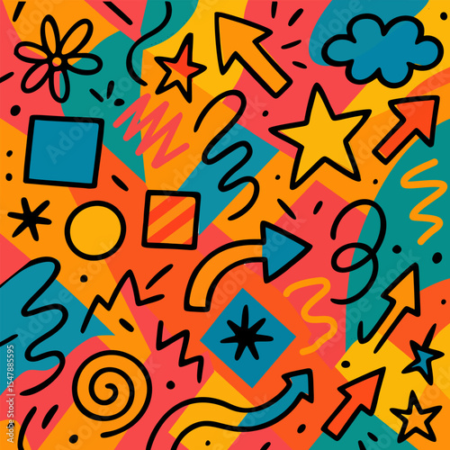 Vibrant abstract vector illustration featuring a playful mix of hand-drawn doodles, geometric shapes, arrows, stars, and dynamic squiggles in bold, saturated colors