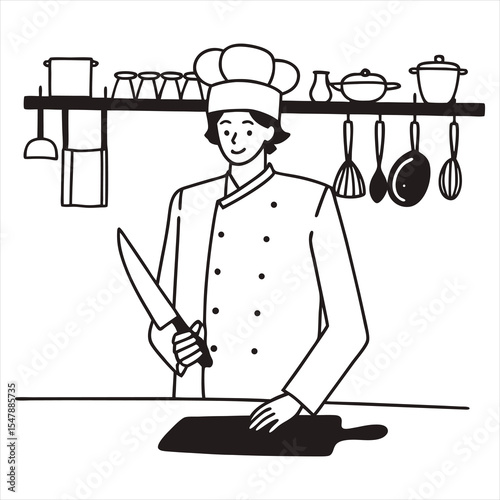 master chef with cutting knife vector art logo.
