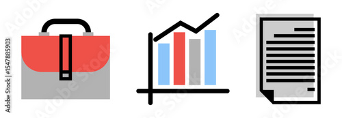 Set of Business objects icons: business bag, business performance chart and contract, on transparent background, flat line design, vector illustration