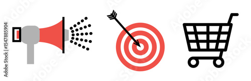 Set of Marketing objects icons: megaphone, goal sign and shopping cart, on transparent background, flat line design, vector illustration
