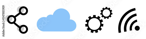 Set of IT objects icons: share sign, cloud, gears and rss sign, on transparent background, flat line design, vector illustration