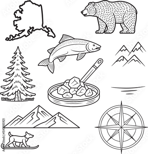 Black and White Line Art Alaska Icons Set Featuring Bear Salmon Mountains Tree Dog Compass Gold Pan fish 1