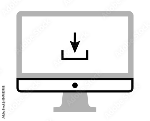 PC Monitor with download sign on it screen icon, on transparent background, flat line design, vector illustration
