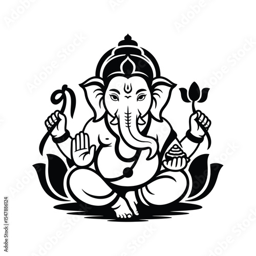 Ganesha drawing depicts the Hindu deity seated on lotuses. Perfect for religious and spiritual designs, books, or decor.