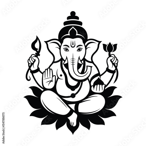 Black and white illustration of hindu god ganesha, perfect for spiritual designs, cards, posters, and cultural publications for diversity.