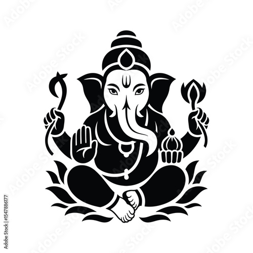 Black and white stylized ganesha on a lotus, perfect for spiritual designs, printing on decor, textiles, or cultural publications.