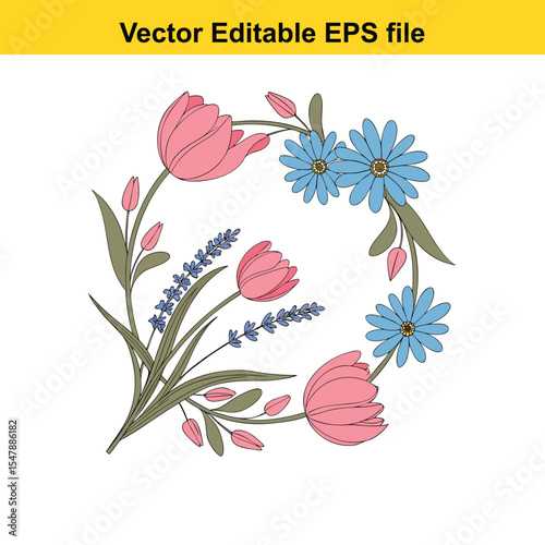 Floral Circle with Tulips, Lavender, and Blue Flowers, Delicately Arranged in a Circular Design, Ideal for Invitations and Greetings, Fresh and Pretty Aesthetic