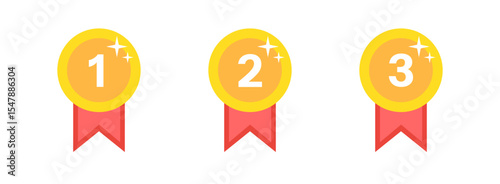 Shiny Gold Medal Ranking Icons with Sparkles. Vector Awards Set for Games and Interfaces
