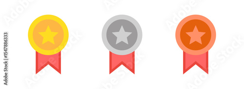 Gold, Silver, and Bronze Ranking Medal Icons with Stars. Vector Set for Awards, Competitions, and UI Design