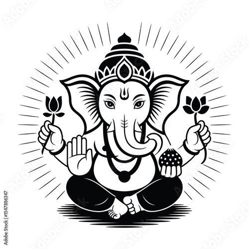 Black and white illustration of Ganesha suitable for spiritual designs, cultural websites, educational materials, and Hinduthemed products. Artistic depiction of Ganesha, Hindu deity.