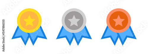 Gold, Silver, and Bronze Ranking Medal Icons with Stars. Vector Set for Awards, Competitions, and UI Design