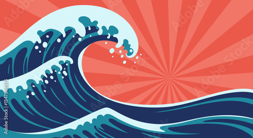 Psychedelic  Ocean wave illustration with turquoise water and sunburst background for surf culture, ocean conservation campaigns and vibrant decor 
